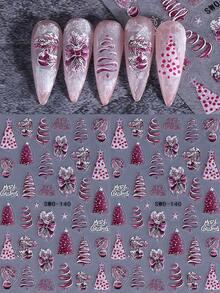 2PCS Pink Christmas Tree 5D Embossed Nail Stickers Bow Lights Crystal Ball Festival Bright Pattern Nail Art Decals Self-Adhesive Manicure Sliders Nail Accessories For Christmas New Year Holiday Gift