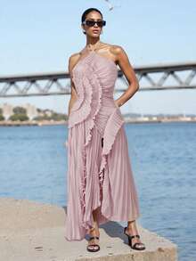 Women's Ruffle Halter Dress Sleeveless Solid Color Long Flowy Dress Summer A-Line Dress - Mauve Purple - View 2