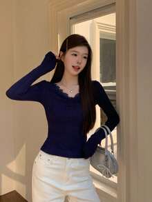 全新蕾丝长袖打底T恤，短款修身V领上衣 - 藏蓝色 - 查看 4