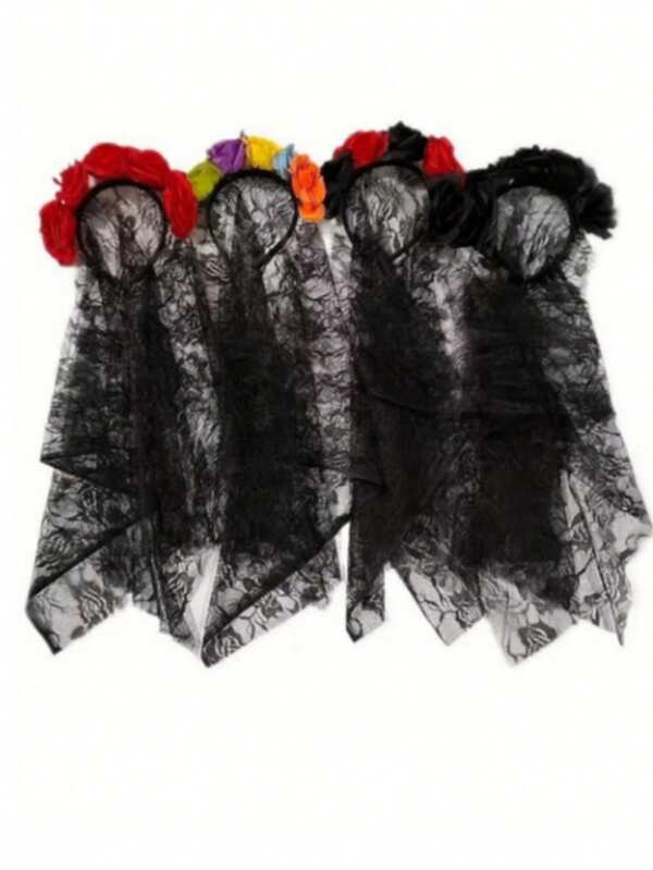 1 pièce Serre-tête voile noir gothique, décoration de fleurs réalistes, coiffe de sorcière pour l'ambiance de la fête d'Halloween, bandeau, cerceau à cheveux