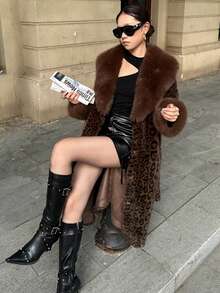 Oversized Women's Lapel Coat, Thick Leopard Print Patchwork, Faux Fur Tie-Waist, Super Warm Furry Autumn/Spring Jacket, Cold-Proof Winter Fashion, Elegant For Daily, Festivals And Gatherings - Leopard - View 3