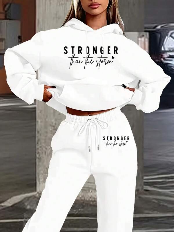 [Casual Sweatshirt] Women's Casual Sweatshirt - "Stronger Than The Storm" Letter Print Hoodie, White, Loose Fit With Pockets, Comfortable Fall/Winter Clothing | Relaxed Fit