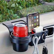 4-In-1 Car Door Storage Box, With Phone Holder, Cup Holder And Storage Space - Heavy-Duty ABS Multi-Functional Car Storage Box, With 2 Hooks, Space-Saving Door/Center Console Installation - Suitable For All Vehicles (Cars, SUVs, Trucks) - Can Hold Mobile Phones, Cups, Keys, Bottles - Car Interior Storage Box, Vehicle Organization Compact Design, Durable Structure, SUV Driver - Black - View 1