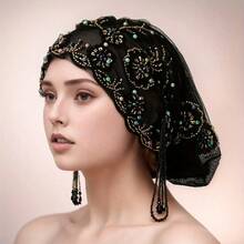 1 Piece Fashion Embroidered High-End Hat, Suitable For Muslim Women, Handmade Headscarf, Fashion Lace And Bead Details, Casual Elastic Breathable Headscarf, Fashion Headscarf Bag. - 1# Đen - Xem 1