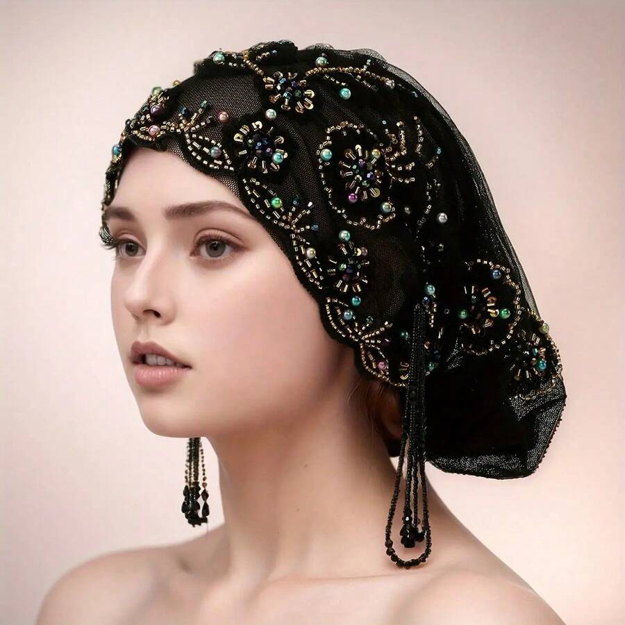 1 Piece Fashion Embroidered High-End Hat, Suitable For Muslim Women, Handmade Headscarf, Fashion Lace And Bead Details, Casual Elastic Breathable Headscarf, Fashion Headscarf Bag. - 1# Đen - Xem 1