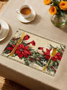 1pc Christmas Bird Table Runner, Christmas Decorative Table Runner, Christmas Linen-Like Table Runner, Table Runner, Table Runner, 1pc Table Runner, 4pcs Placemats, 1pc Pillow Cover, 3 Products Available, Seasonal Home Decor For Indoor/Outdoor Winter Party, Christmas Home Decoration, Christmas Room Decor, Christmas Party Supplies