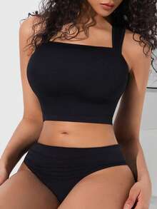 ملابس علوية كامي بلا أكمام للنساء، تي شيرت مربع الرقبة مرن بلا أكمام، ملابس علوية كامي قصير - الأسود - مشاهدة 7