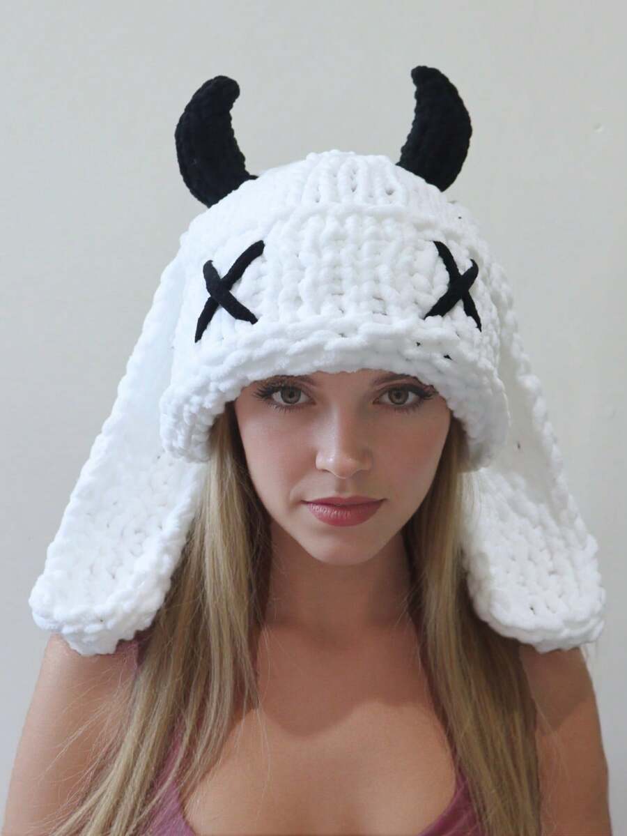 ‌Mystical Devil Horns Knitted Beanie With Soft Plush Ears,Ultra-Warm Winter Hat For Men & Women, Gothic & Punk Fashion Accessory, Halloween & Cosplay Costume