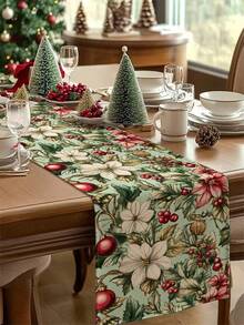 1pc Christmas Floral Table Runner, Christmas Decorative Table Runner, Christmas Linen-Like Table Runner, Table Runner, Table Runner, 1pc Table Runner, 4pcs Placemats, 1pc Pillow Cover, 3 Products Available, Seasonal Home Decor For Indoor/Outdoor Winter Party, Christmas Home Decoration, Christmas Room Decor, Christmas Party Supplies - Multicolor - View 1