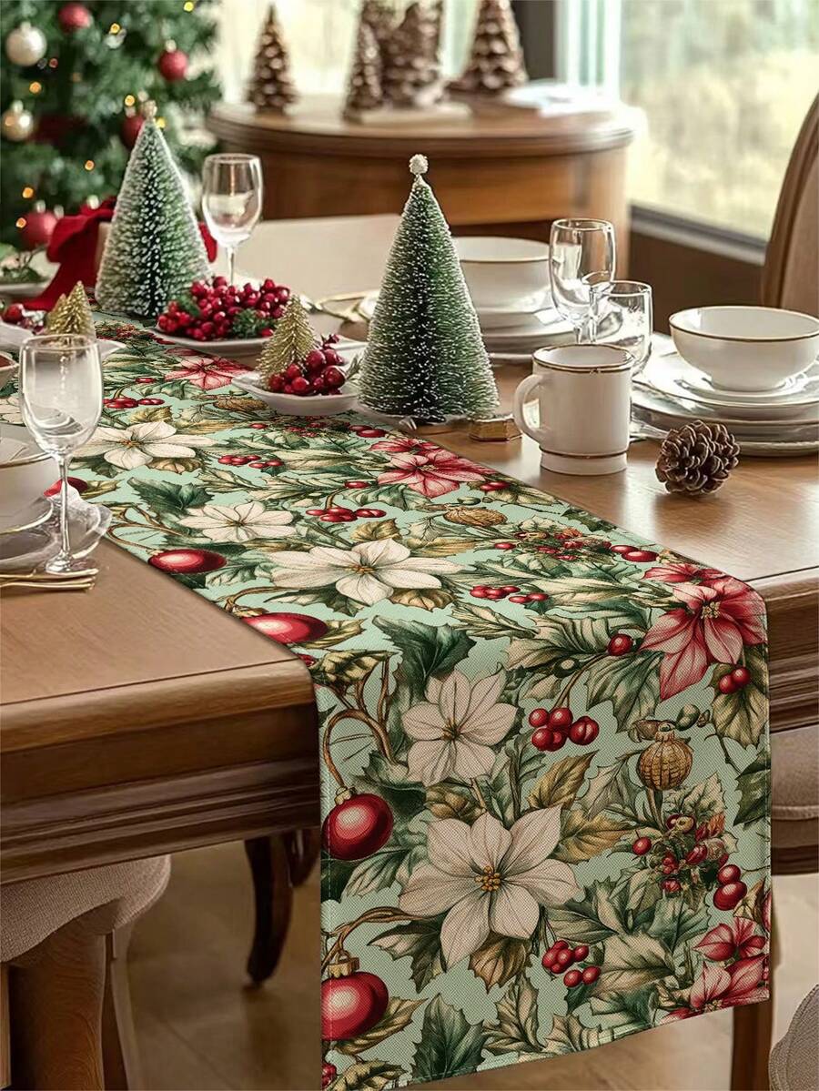 1pc Christmas Floral Table Runner, Christmas Decorative Table Runner, Christmas Linen-Like Table Runner, Table Runner, Table Runner, 1pc Table Runner, 4pcs Placemats, 1pc Pillow Cover, 3 Products Available, Seasonal Home Decor For Indoor/Outdoor Winter Party, Christmas Home Decoration, Christmas Room Decor, Christmas Party Supplies - Multicolor - View 1
