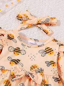 Set di maglia e pantaloni a manica lunga neri per neonate con stampa di una bambola a forma di ape, autunno/inverno - Giallo - Visualizzare 5