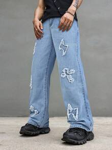 Grunge Goth Y2K 男士时尚休闲街头宽松个性化年轻运动学院直筒街头十字刺绣纯色四季牛仔裤 - 藍色 - 查看 7