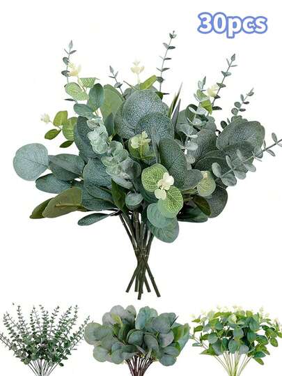 30 piezas/60 piezas Hojas de eucalipto de dólar de plata artificiales surtidas, adecuadas para decoración de mesa, arreglos florales y decoración de bodas
