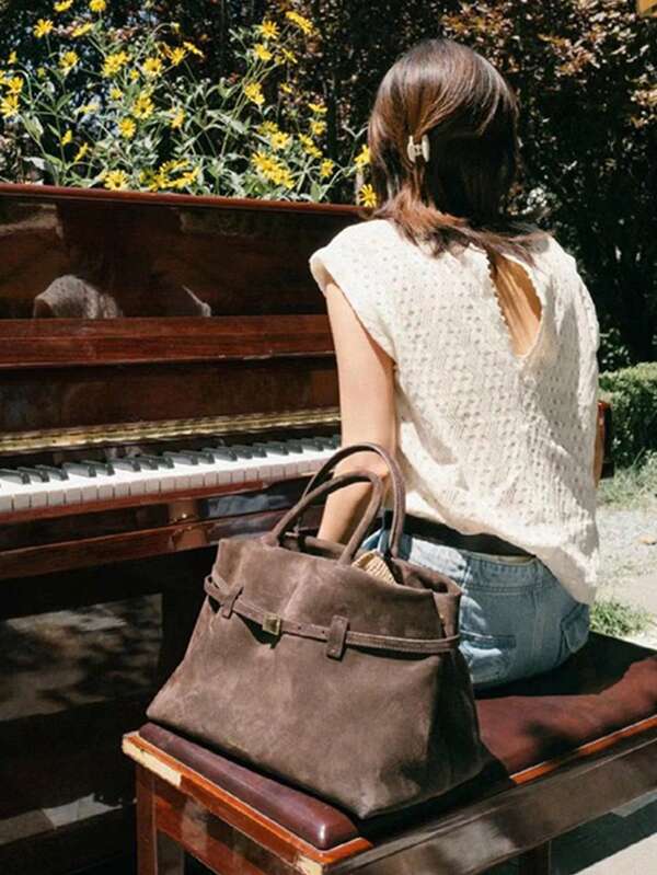 Vintage Brown Suede Tote Bag - Large Capacity Commute Shoulder Bag With Magnetic Closure, Nylon Lining, And Durable Handles, Ideal For Everyday Use, Everyday Tote Bag | Vintage Style Bag | Durable Handles, Tote Bag