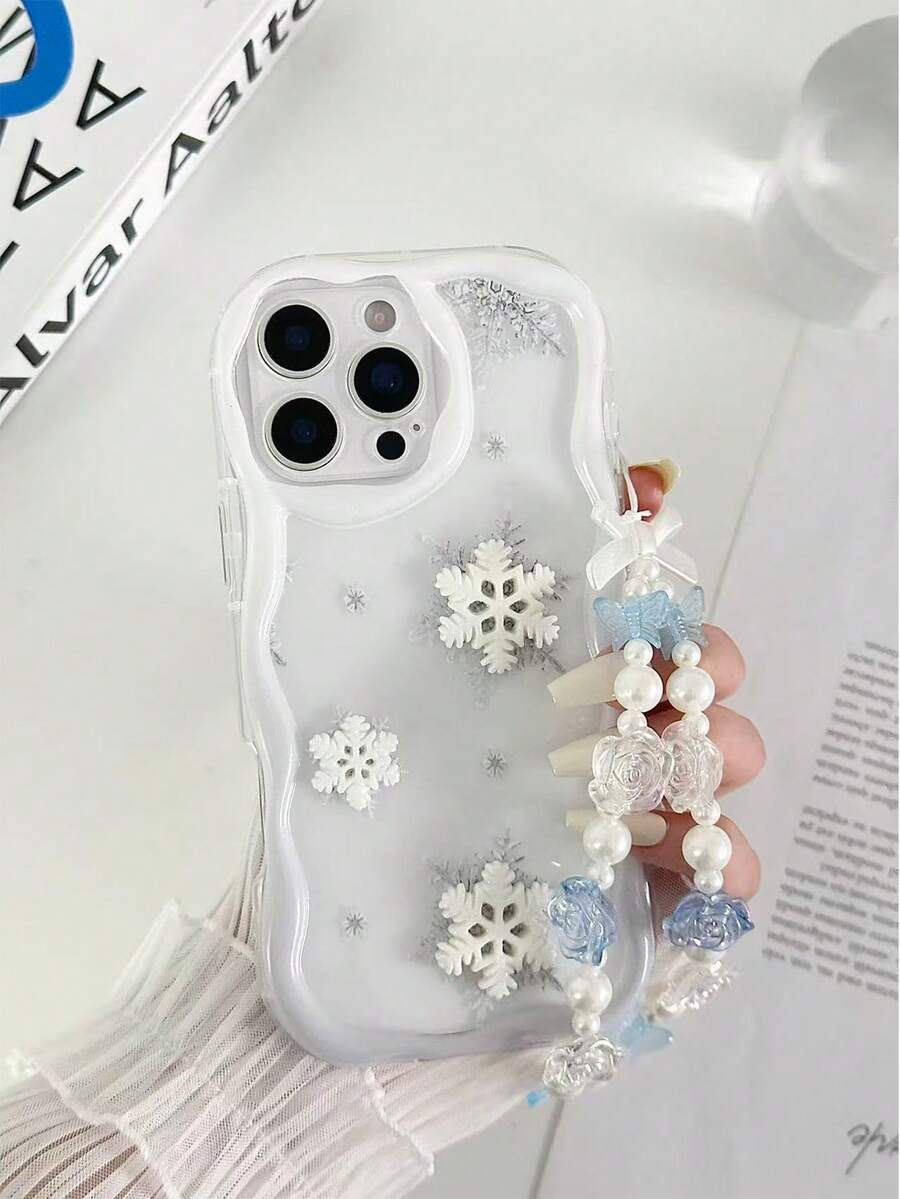 Funda de teléfono a prueba de golpes con textura de crema, borde ondulado, brillo de aceite, decoración de muñeco de nieve y copo de nieve pintada en 3D, con pulsera hecha a mano con cuentas, compatible con iPhone 17pro/17Air/17/17promax16/11/16pro/16plus/16promax/16e/15Promax/13/14/12/XS/XR/7G/8P, compatible con Galaxy, compatible con Redmi - Multicolor - Ver 1