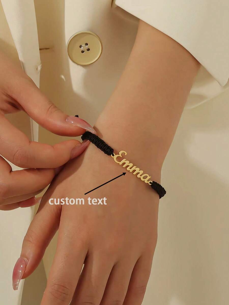 Personalized Couple Name Bracelet, Unique Jewelry, Adjustable Stainless Steel Name Plate Bracelet, Friendship Gift, Handmade Woven Couple Bracelet, Minimalist Design, Durable Woven Strap, Perfect For Valentine's Day, Romantic Gift - Multicolor - View 1