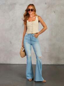 Women's Light Blue High Waisted Flare Jeans With Artistic Ripped Detailing, Premium Denim Fabric, Exuding A Vintage Modern Fusion Charm, Ideal For Both Street Style Strutting And Sophisticated Social Occasions