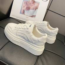 Zapatillas bajas de estudiante para mujer, deportivas de cuero, zapatos casuales blancos ligeros de suela gruesa para mujer - Blanco - Ver 9