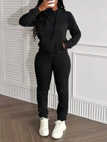 女士连帽长袖口袋纯色休闲日常上衣和裤子套装 春季服装 黑色 - 黑色 - 查看 9