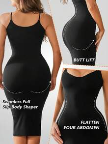 Plus Size Women's Spaghetti Strap Backless Elegant Tight Waist Tightening Body Shaping Dress - 黑色 - 查看 2