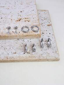 4对锆石耳环套装，女士优雅银色扁平耳钉，适合耳垂、耳骨、耳廓及其他耳部穿孔，男女通用 - 銀色 - 查看 4