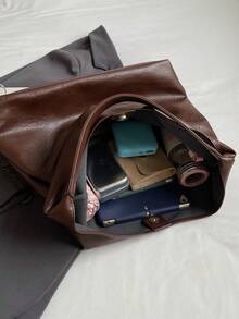 新款超大宽松容量通勤托特包，休闲时尚百搭户外购物约会单肩包，极简轻便秋冬复古纹理腋下包，人气热卖大学生手提包 - 咖啡棕 - 查看 5