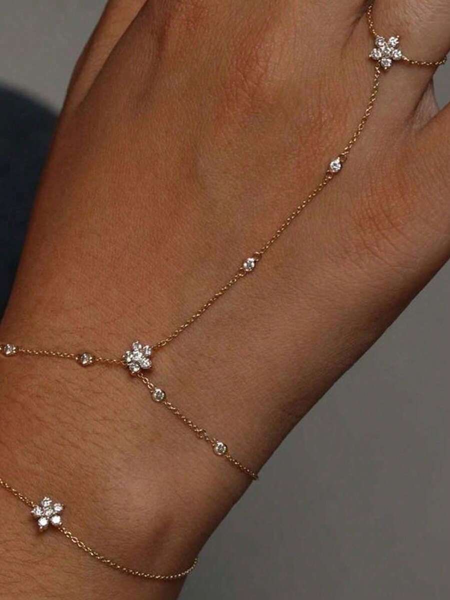 1 pieza Anillo de dedo con flor de cristal bohemio, pulsera cadena de mano, arnés de joyería de mano con rhinestones dorados, accesorio delicado para mujer