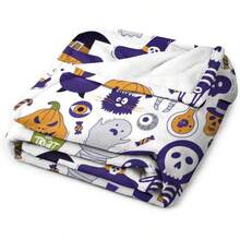 Flannel Fleece Blanket Plush Spider Webs Witch's Hat Black Bats Decorated Pumpkins 40 * 30ingift - 30吋x40吋+款式-6 - 查看 3
