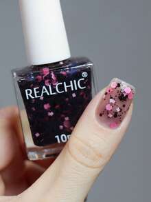 REALCHIC 10ml/Pcs Black&Pink Sequins Water Based Nail Polish,Fast Dry,Long Lasting,Peel Off,Manicure Nails Art For Women & Girls,Black Nails,Halloween Gifts - Black - View 4