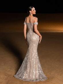 Faeriesty Haute Glamour Luxe Beaded Sequin Mermaid Evening Gown With Off-Shoulder Thin Straps – Intricate Flowing Wave Beadwork On Bodice & Skirt, Form-Fitting Silhouette & Dramatic Mermaid Flared Skirt For Galas, Weddings, Proms & High-End Evening Parties