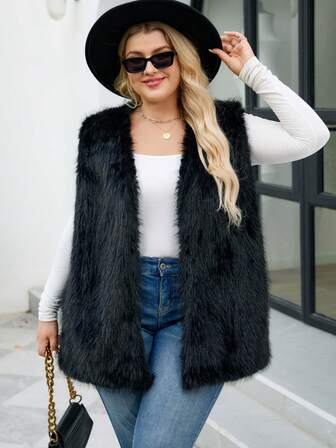 Women's Plus Size Faux Fur Sleeveless V-Neck Regular Length Comfortable Vest