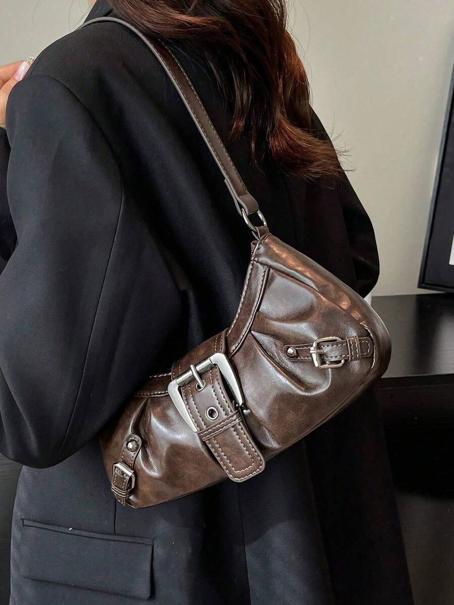 1pc Women Retro Biker Chic Studded Adjustable Strap Crossbody Bag, Large Capacity Soft Gradient Leather Shoulder/Underarm Bag, Suitable For Work, Dating, Parties, Vintage Bag For Women, Halloween Purse Perfect For Fancy Party Halloween Fashion & Gothic Fashion - 棕色 - 查看 1