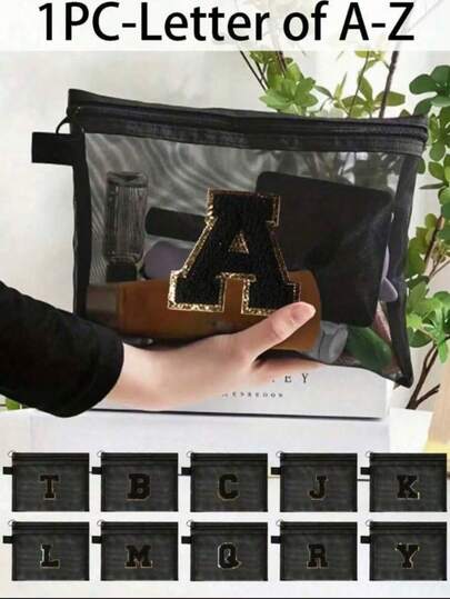 1個 ブラックメッシュバッグ、大容量、ブラックの頭文字名刺繍、タオル文字A-Z、透明メッシュコスメ収納バッグ、多機能トラベルポータブルバッグ、リップクリーム スキンケア収納洗面バッグ、学生文具バッグ、メッシュジッパーバッグ、トラベルコスメ収納バッグ、シンプルでハイエンド、アクセサリー収納、寮、旅行、出張、水泳、家庭収納に適しています