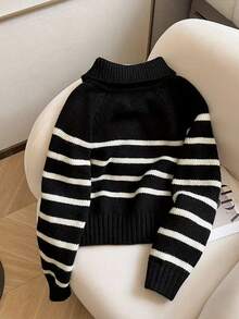 Women's Loose Slouchy Warm Black & White Striped Half-Zip Turtleneck Sweater, Autumn/Winter - Black - View 2