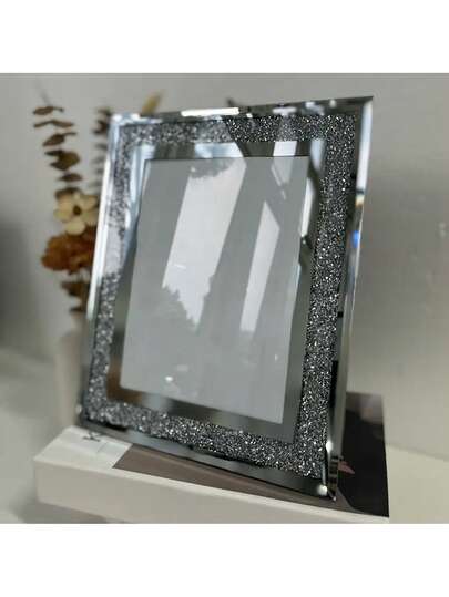 1/2pcs Fashion Crystal Glass Diamond Silver Mirror Photo Frame, 8 Inch And 10 Inch - Polished Surface, Easel Backing Home Theme Frame For Certificates, Awards And Photo Display, Vertical, Glass Material - Elegant Desktop Decor, Gift Idea