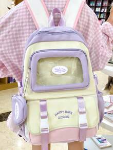 Large Capacity Water-Resistant PVC Transparent Double Pocket Buckle Backpack For Women, Portable Multi-Pocket College Style Student Bookbag With Small Round Bag, Suitable For School, Commuting, Travel, Back To School Season, School Supplies, School Backpack, School Bag, Backpack For School, Back To School Backpack, School Bookbag, Big Backpack, Backpack School, Back To School Bags, Lightweight, Suitable For Teen Girls Women College Students, Perfect For Back To School, First Day Of School, Middle School, High School