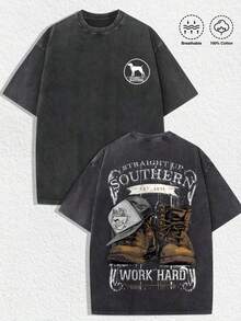 1 PCS "Straight Up Southern - Work Hard" Vintage Washed Graphic Tee: Dark Gray Shirt With Front Dog Logo, Back Art Of Work Boots, Hat, "STRAIGHT UP SOUTHERN EST 2016" & "WORK HARD" Slogan. Made Of 100% Breathable Cotton. Perfect For Fans Of Southern Culture, Workwear Aesthetics, And Retro Style, Spring/Summer/Fall Men Clothes, Regular Fit Shirt,  Halloween & Christmas & Thanksgiving Day & Valentine's Day & Pride & Father's Day & Easter & Mother's Day & New Year & Spring Festival, Men's Round Neck Printed Short Sleeve Casual Everyday T-Shirt, They Are Excellent Gifts For Friends And Family, 100% Cotton T-Shirts Feature, A Youthful And Fashionable Design, Graphic Tees Men, Graphic Tees Women, Back To School Shirt, College Essential - màu đen - Xem 1