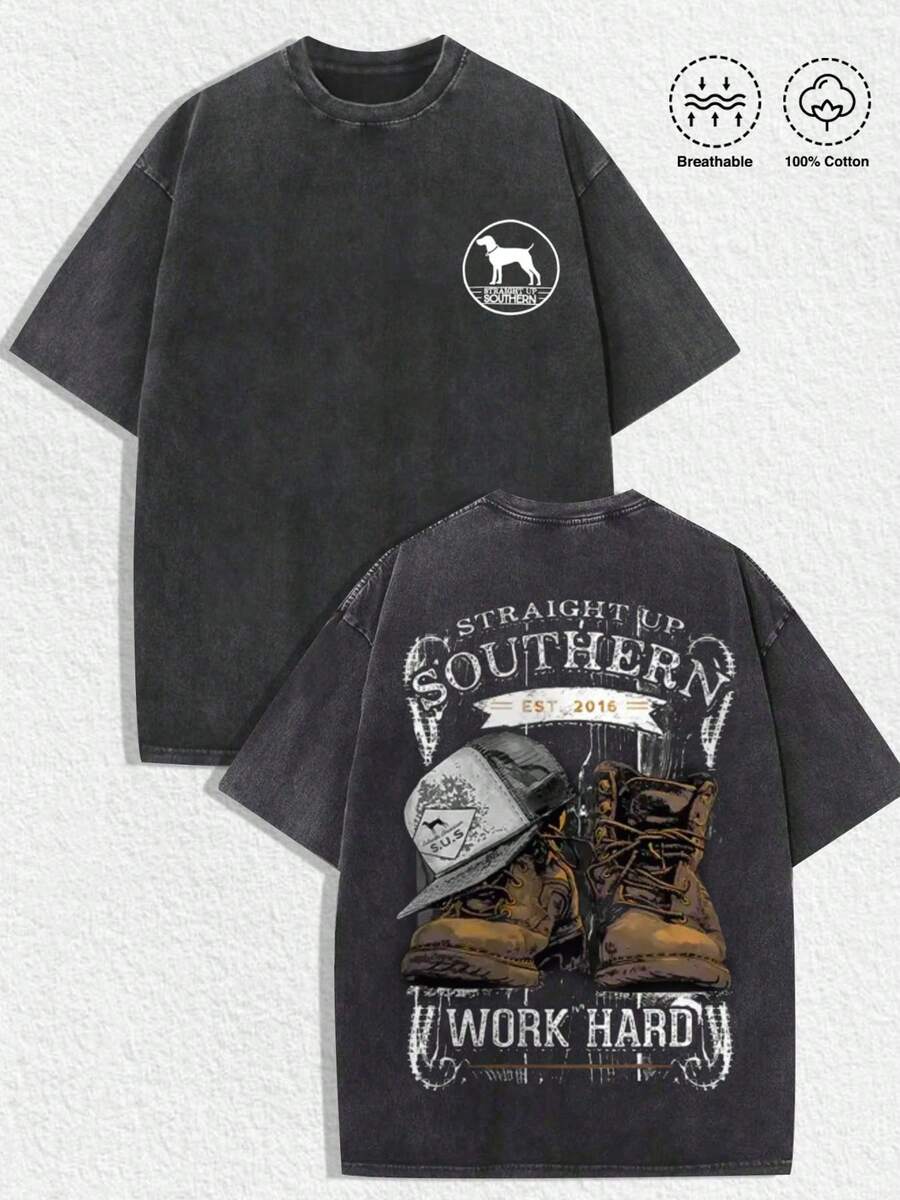 1 PCS "Straight Up Southern - Work Hard" Vintage Washed Graphic Tee: Dark Gray Shirt With Front Dog Logo, Back Art Of Work Boots, Hat, "STRAIGHT UP SOUTHERN EST 2016" & "WORK HARD" Slogan. Made Of 100% Breathable Cotton. Perfect For Fans Of Southern Culture, Workwear Aesthetics, And Retro Style, Spring/Summer/Fall Men Clothes, Regular Fit Shirt,  Halloween & Christmas & Thanksgiving Day & Valentine's Day & Pride & Father's Day & Easter & Mother's Day & New Year & Spring Festival, Men's Round Neck Printed Short Sleeve Casual Everyday T-Shirt, They Are Excellent Gifts For Friends And Family, 100% Cotton T-Shirts Feature, A Youthful And Fashionable Design, Graphic Tees Men, Graphic Tees Women, Back To School Shirt, College Essential - màu đen - Xem 1
