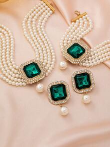 4pcs Luxury Exaggerated Multilayer Faux Pearl, Rhinestone And Crystal Embellished Necklace, Earrings, Bracelet Set, Suitable For Women's Wedding, Party, And Holiday Gifts