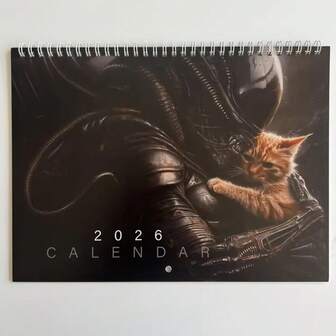 Alien-Themed Calendar With Cat - Official Xenomorph Design - January To December 2026 Monthly Planner - Desktop Or Wall Hanging Calendar For Sci-Fi Fans, Home/Office Decoration - Perfect Gift For Alien Movie Lovers, Home Decor, Unique Artwork, Spiral Binding, Themed Organizer, Office Workers