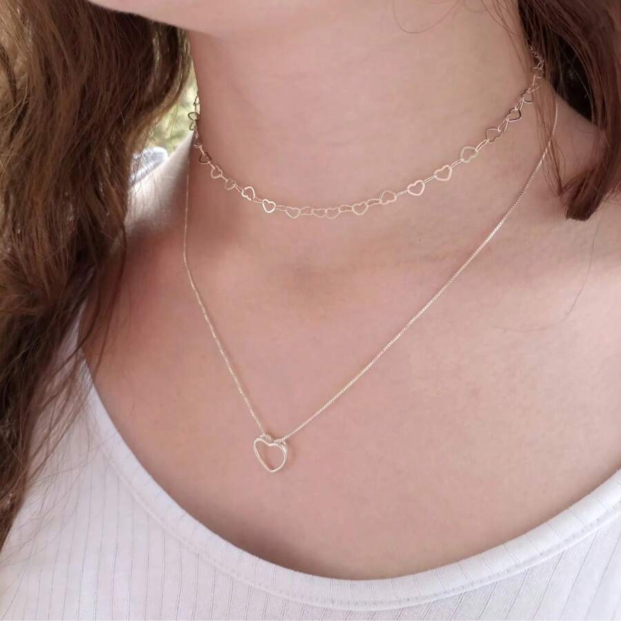Women's Fashion Hollow Heart Pendant Necklace And Hollow Heart Choker Necklace - 銀色 - 查看 1