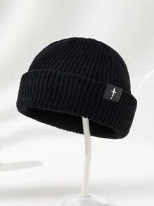 MAKEFGE 1pc Unisex Outdoor Autumn/Winter Casual Warm Personalized Cross Patch Soft Comfortable Elastic Beanie Knit Hat Skull Cap Pullover Hat Suitable For Daily Wear - B - View 2