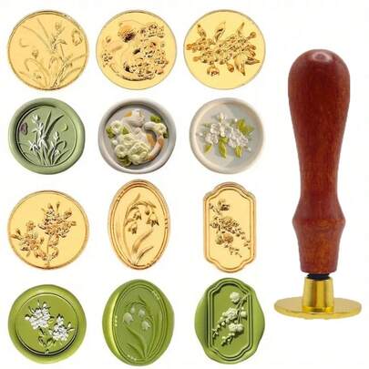 7pcs Floral Wax Seal Stamp Set, Includes 6pcs Stamp Heads And 1pc Wooden Handle, Vintage Style, Suitable For Wedding, Birthday Party Invitations, Gift Packaging Decoration, Wedding Decor