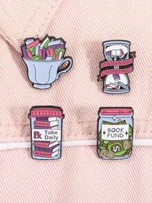 4Pcs Book Fund So Many Books Enamel Pins The Teacup Is Filled With Books Custom Brooches Lapel Backpack Badge Jewelry Gift For Friend - Multicolor - View 1