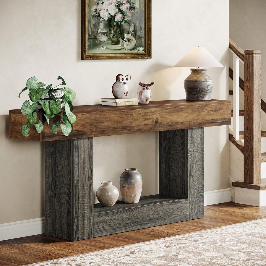 63 " Long Console Table, 2-Tier Farmhouse Sofa Table Behind Couch, Large Narrow Entryway Table For Living Room, Wooden Hallway Foyer Table With Heavy Duty Base, Rustic Brown And Grey - 棕色和灰色 - 查看 1