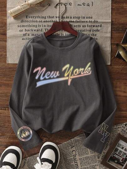 青少年男童单件休闲印花长袖T恤，春秋季，年轻学生服装，时尚，保暖舒适，适合青少年男孩穿着