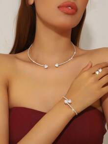 1pc Women's Rhinestone Choker Necklace, Rigid Fixed Formal Party Collar Necklace - Silver - View 2