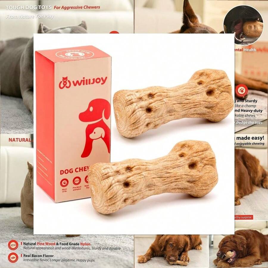 Willjoy Dog Chew Toys For Aggressive Chewers, Tough Dog Toys For Aggressive Chewers, Pine Wood And Nylon Indestructible Dog Toy, Bacon Flavor Large Dog Toys To Keep Them Busy - 2 件裝 DuraDumbs - 查看 1