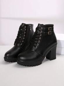 [Runs Small] Women's Ankle Boots And Ankle Boots Autumn/Winter New Double Buckle High Heel Chunky Heel Lace-Up Boots Comfortable Boots Work Boots Thick Sole Boots - Black - View 4