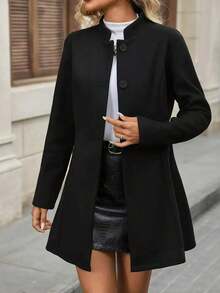 Abrigo elegante de talla grande para mujer con cuello alto, botones y silueta entallada en línea A, de largo medio, de moda para otoño/invierno en color negro - Negro - Ver 3